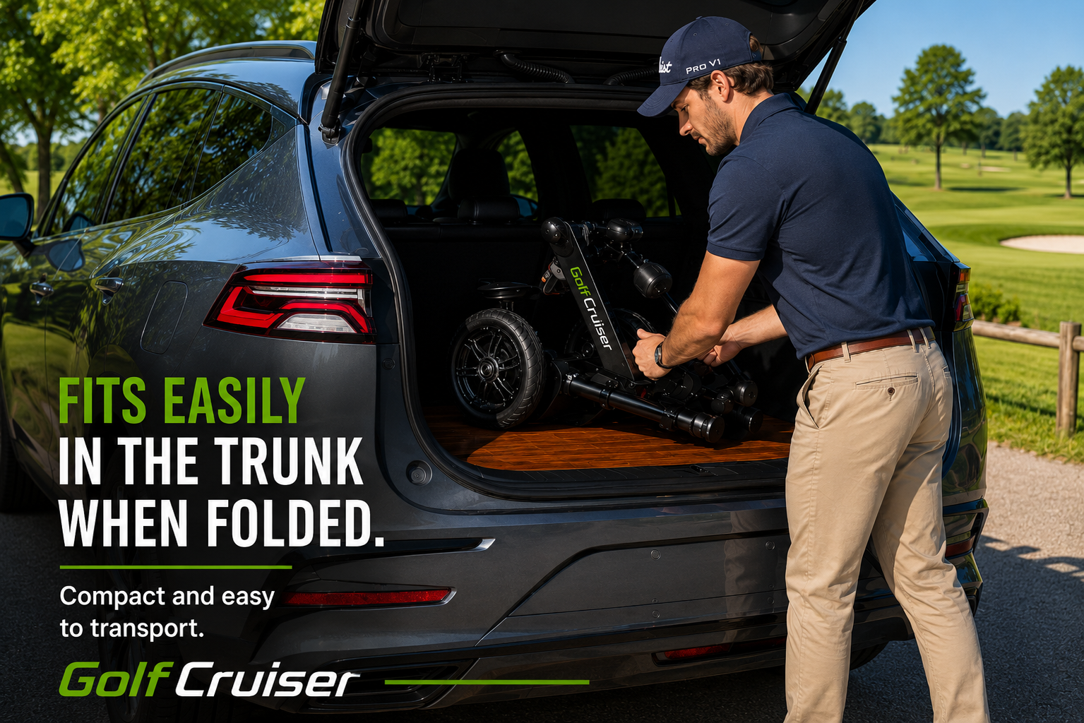 GolfCruiser folded into the trunk of a car
