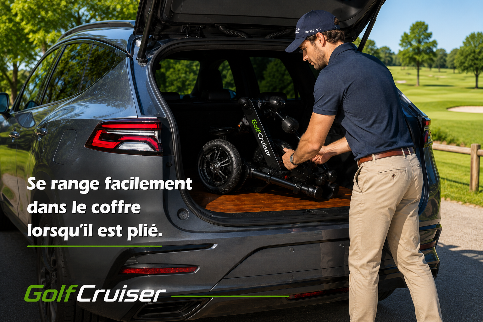 GolfCruiser plié dans le coffre d'une voiture